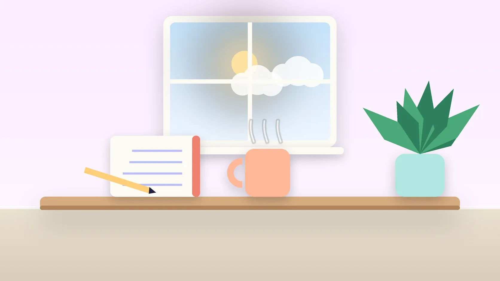 Illustration of a sunlit window above a desk with a large plant, a mug and a journal