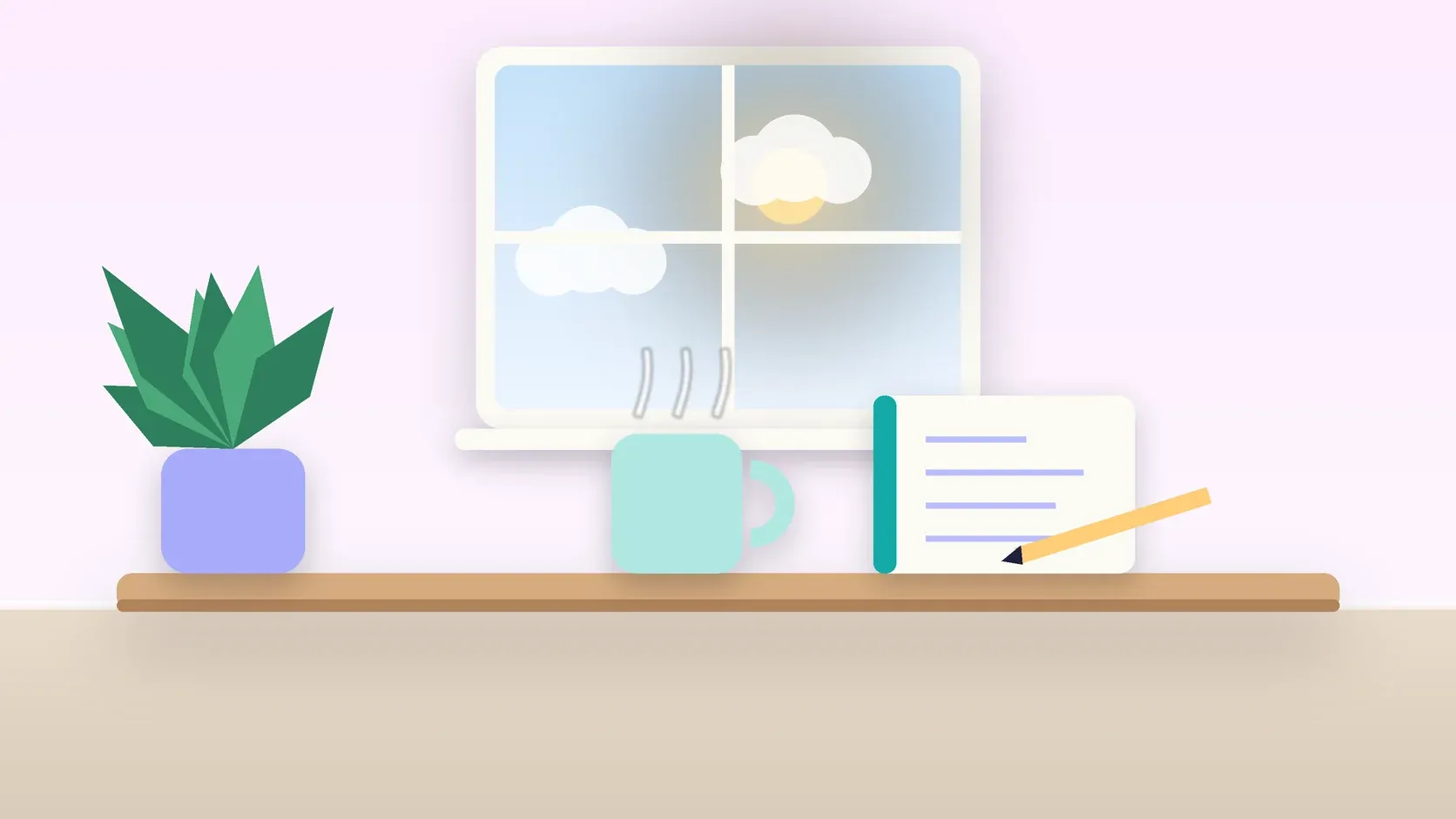 Illustration of a sunlit window above a desk with a large plant, a mug and a journal