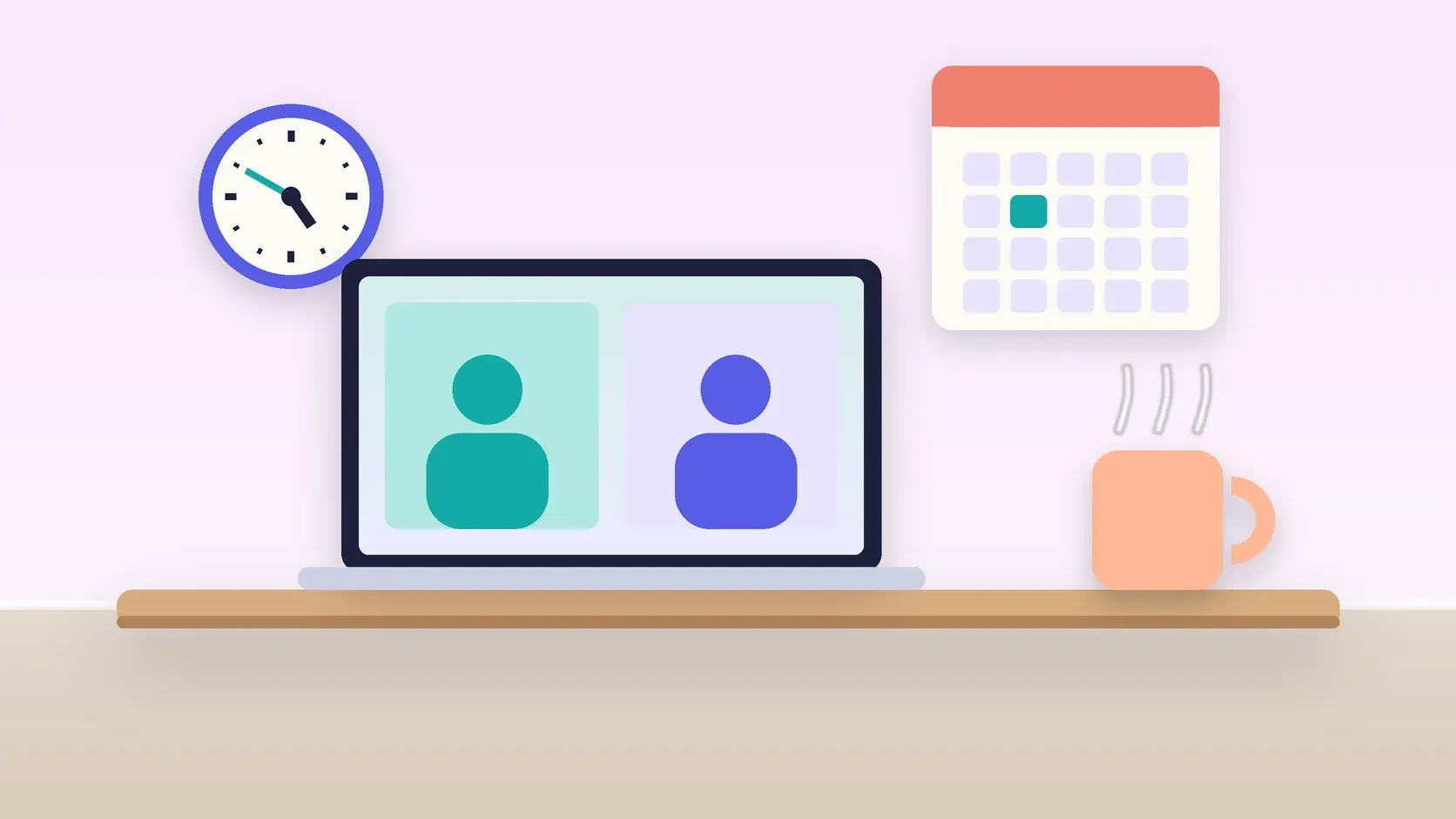 Illustration of an office desk with a laptop and a mug under a wall clock and calendar
