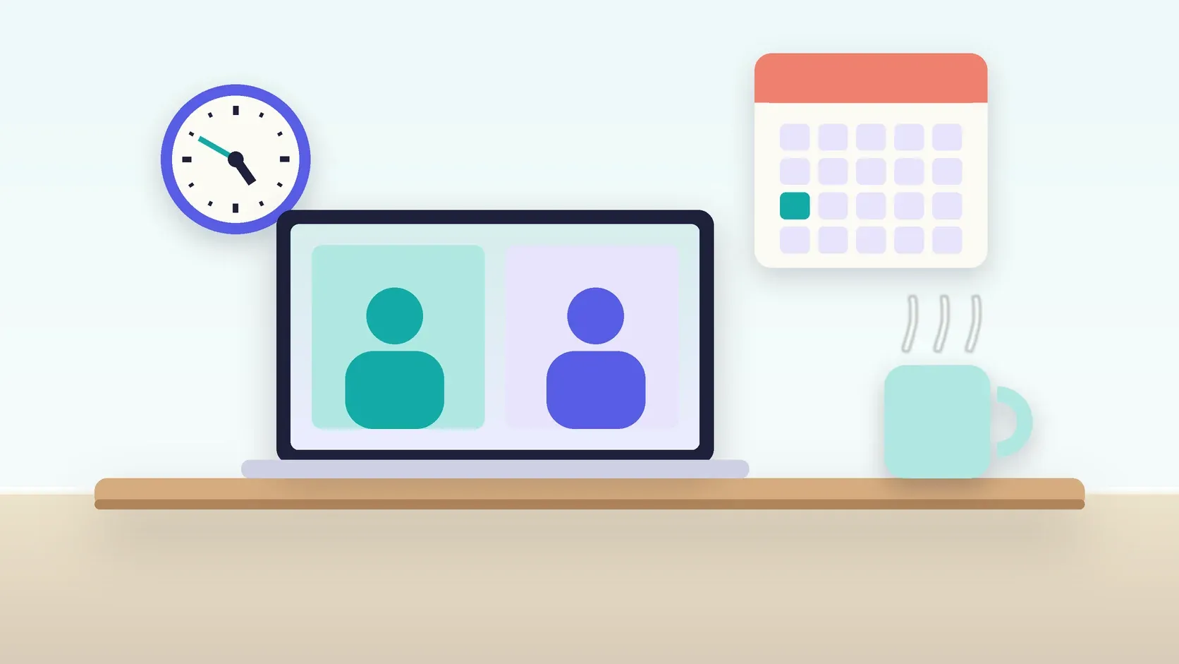 Illustration of an office desk with a laptop and a mug under a wall clock and calendar