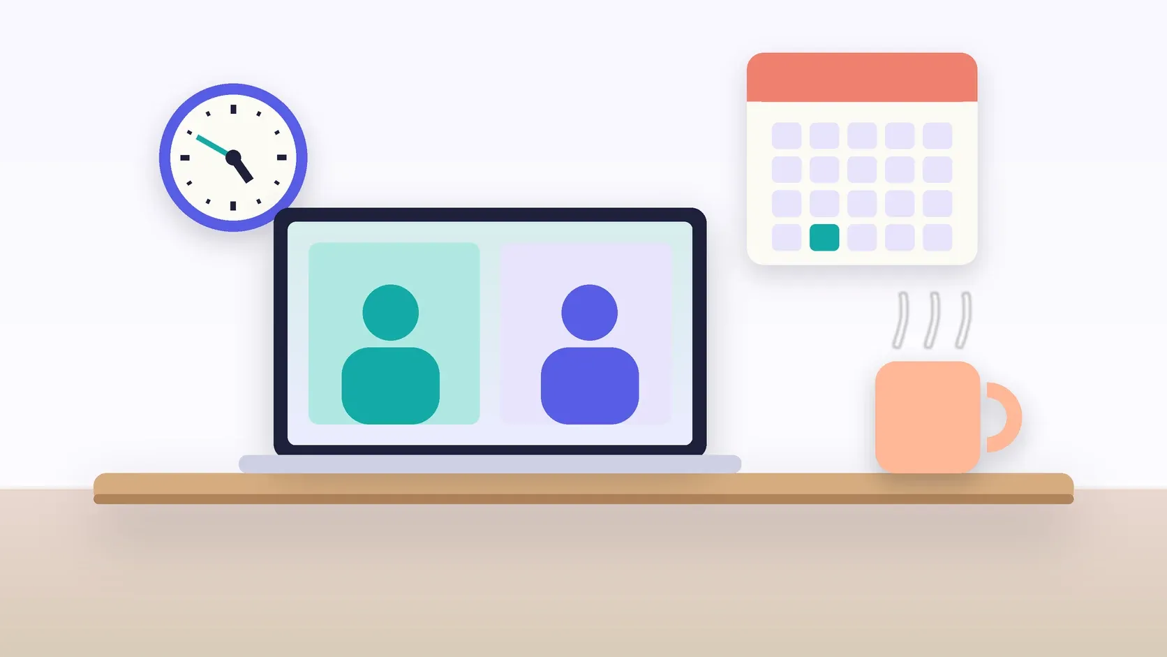 Illustration of an office desk with a laptop and a mug under a wall clock and calendar