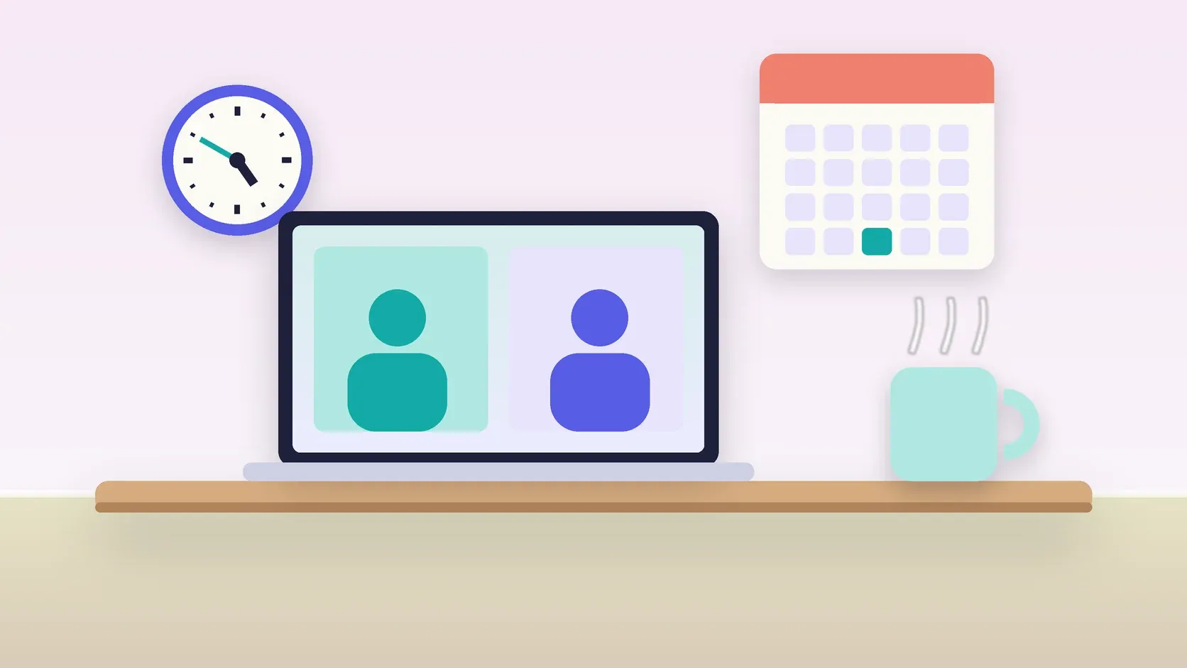 Illustration of an office desk with a laptop and a mug under a wall clock and calendar