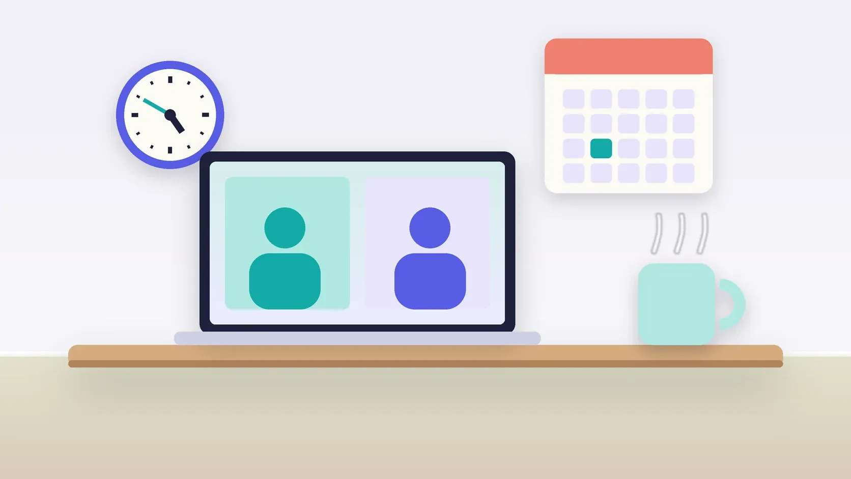 Illustration of an office desk with a laptop and a mug under a wall clock and calendar