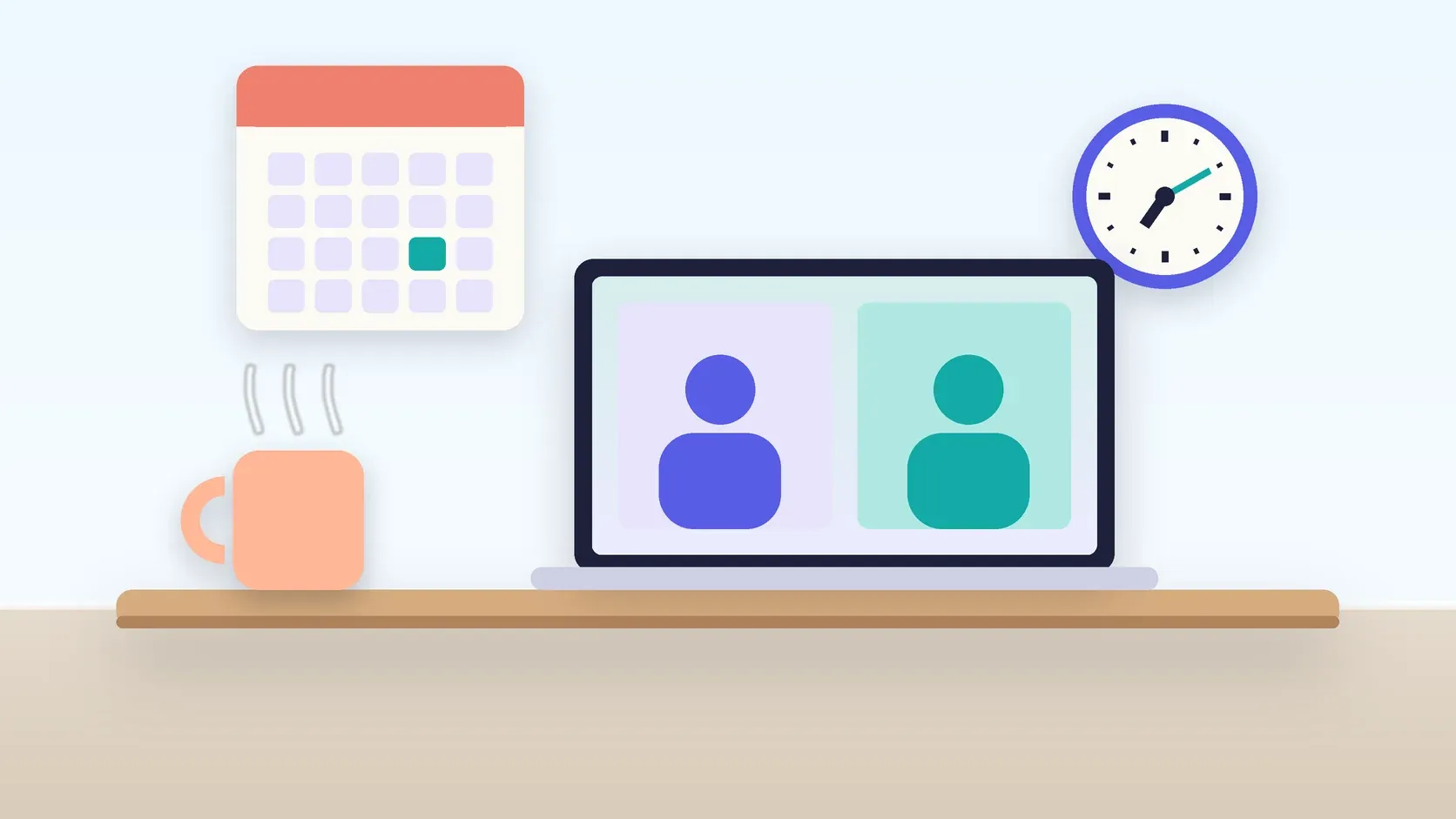 Illustration of an office desk with a laptop and a mug under a wall clock and calendar