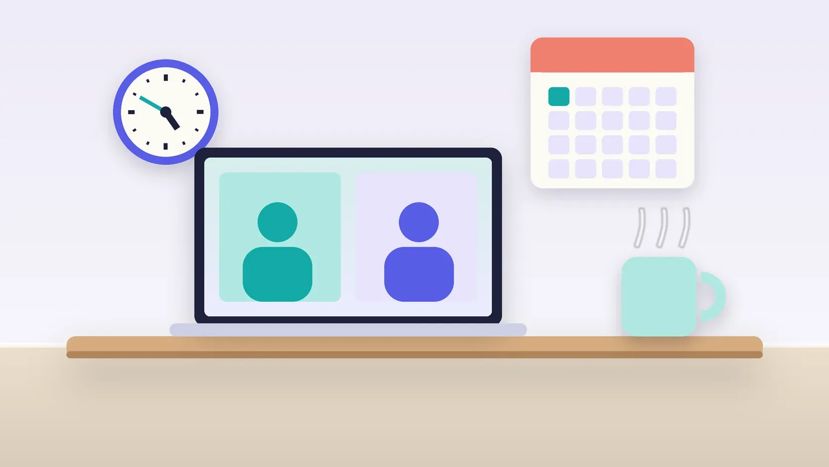 Illustration of an office desk with a laptop and a mug under a wall clock and calendar