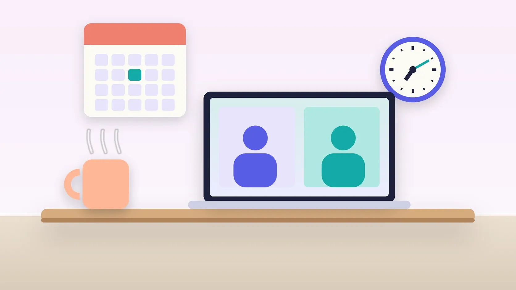 Illustration of an office desk with a laptop and a mug under a wall clock and calendar