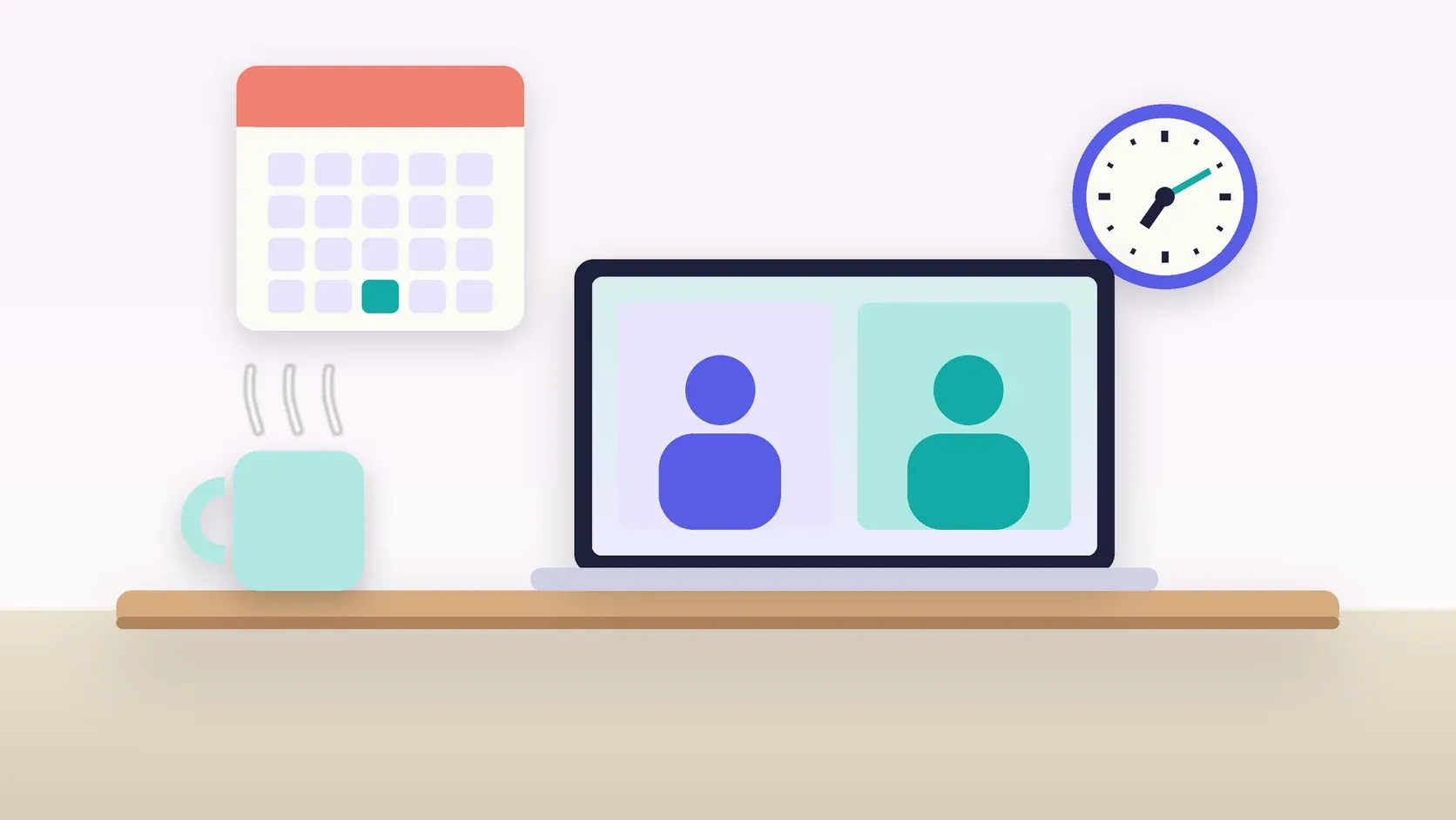 Illustration of an office desk with a laptop and a mug under a wall clock and calendar