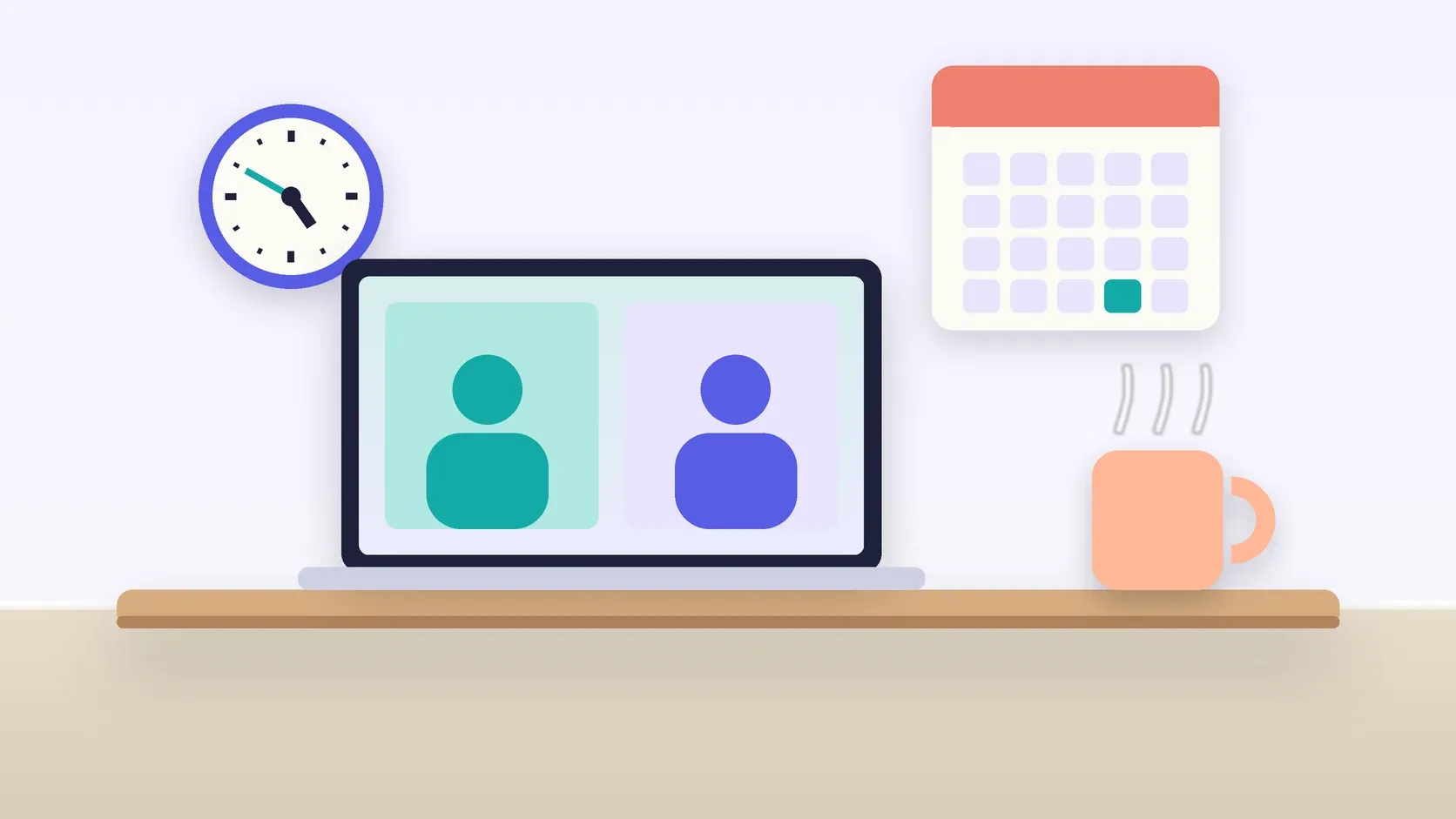 Illustration of an office desk with a laptop and a mug under a wall clock and calendar
