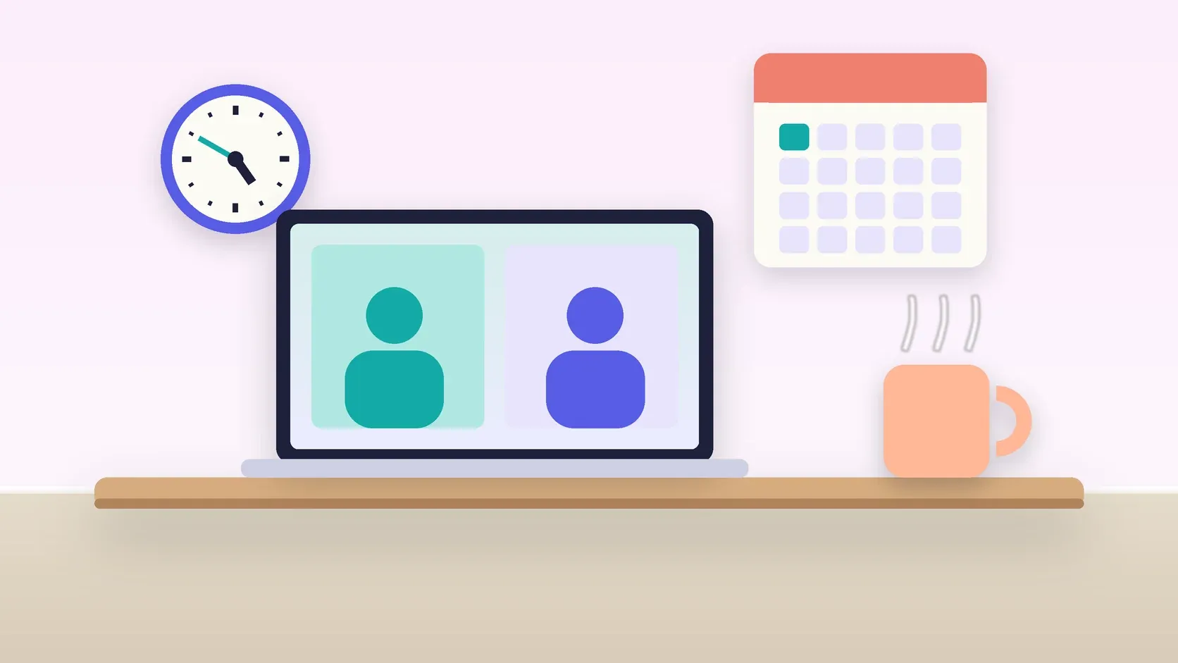 Illustration of an office desk with a laptop and a mug under a wall clock and calendar