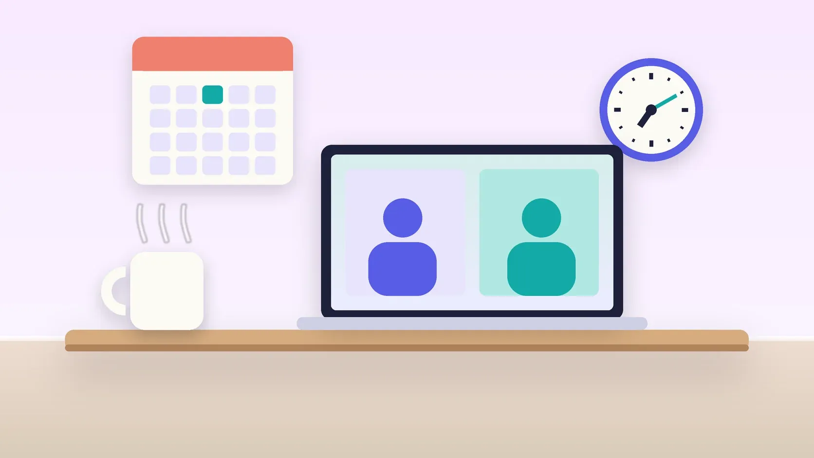 Illustration of an office desk with a laptop and a mug under a wall clock and calendar