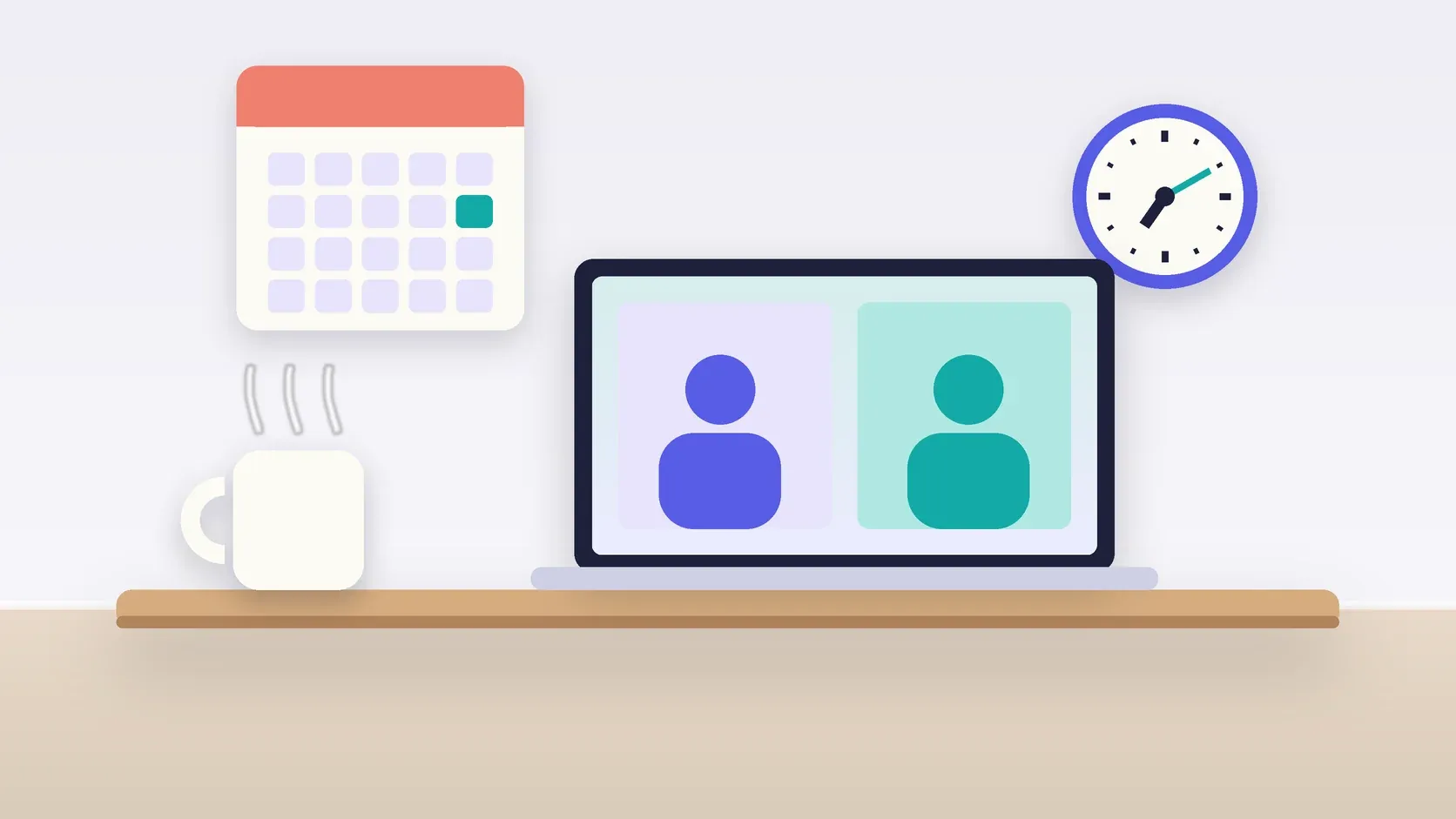 Illustration of an office desk with a laptop and a mug under a wall clock and calendar