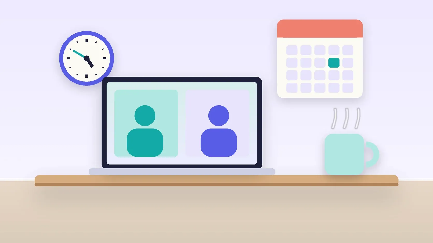 Illustration of an office desk with a laptop and a mug under a wall clock and calendar