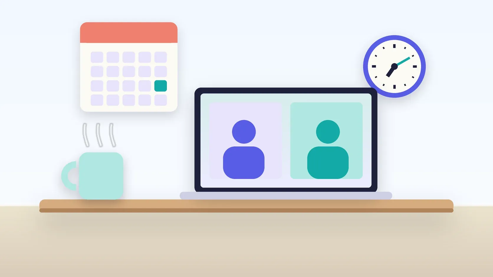 Illustration of an office desk with a laptop and a mug under a wall clock and calendar