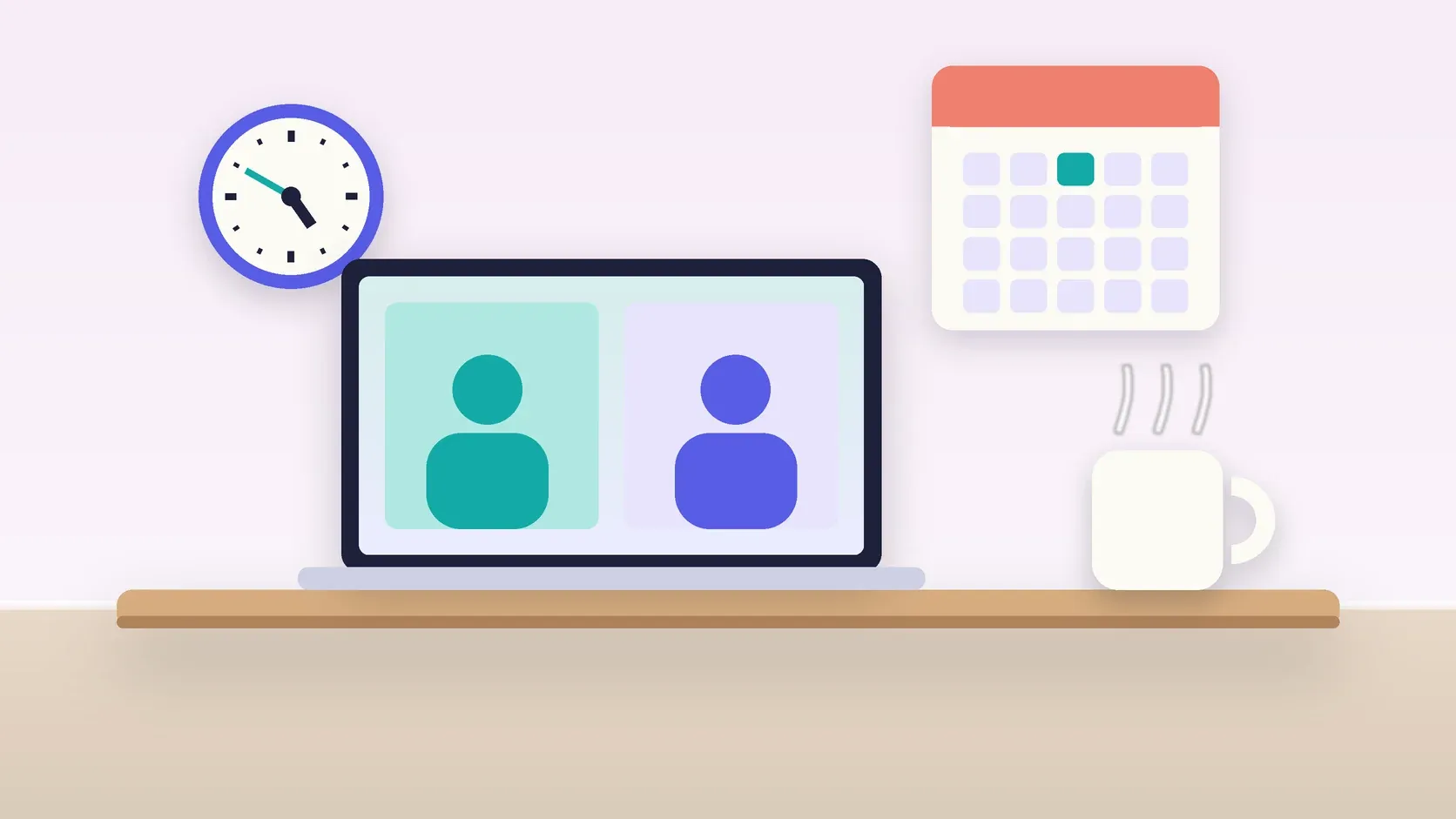 Illustration of an office desk with a laptop and a mug under a wall clock and calendar
