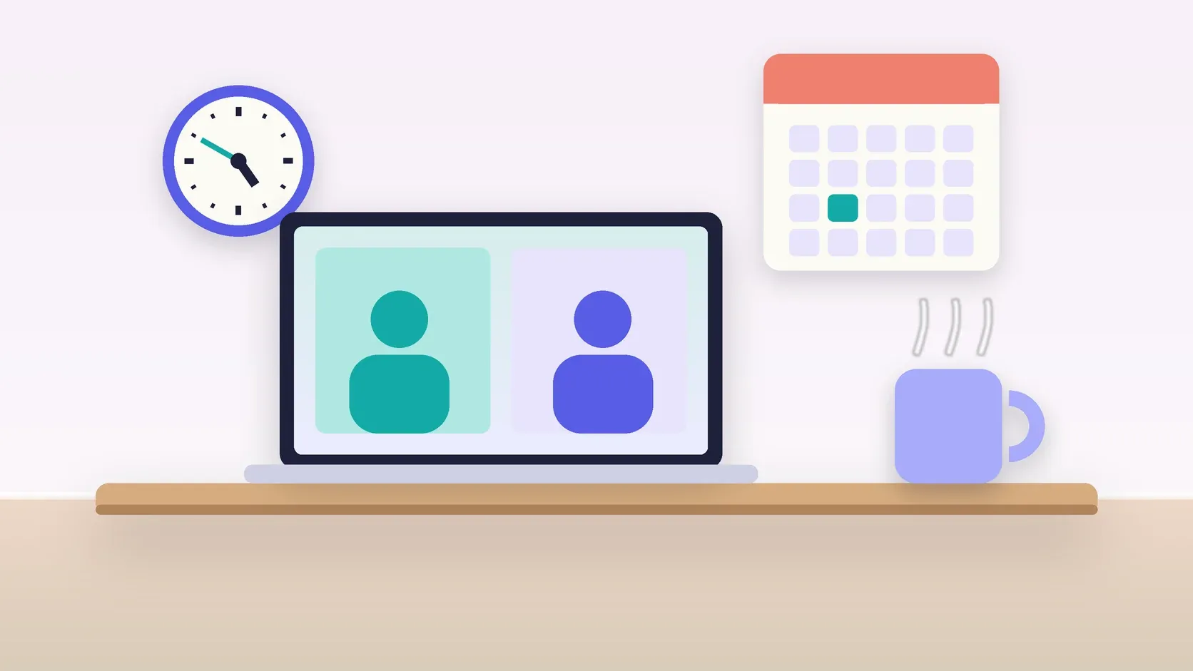 Illustration of an office desk with a laptop and a mug under a wall clock and calendar