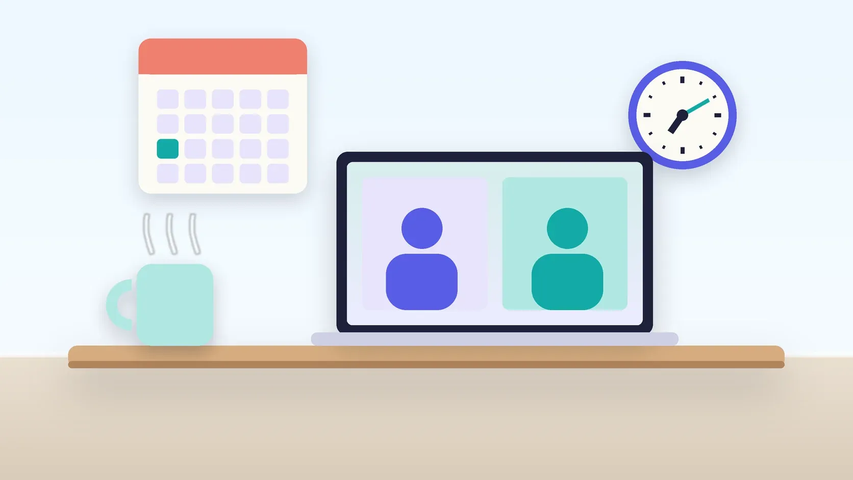 Illustration of an office desk with a laptop and a mug under a wall clock and calendar