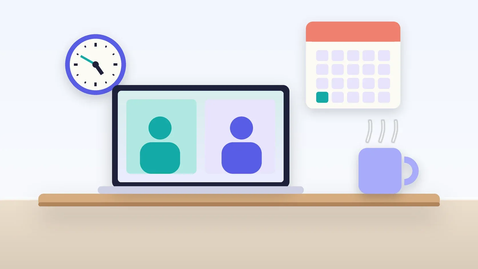 Illustration of an office desk with a laptop and a mug under a wall clock and calendar