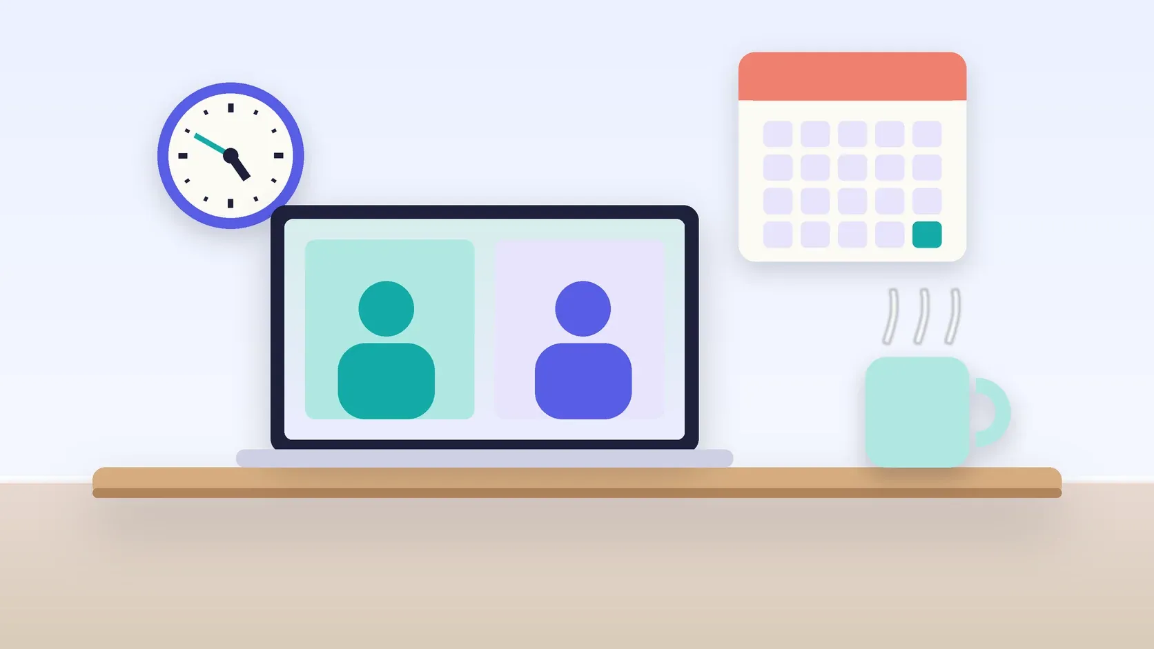 Illustration of an office desk with a laptop and a mug under a wall clock and calendar