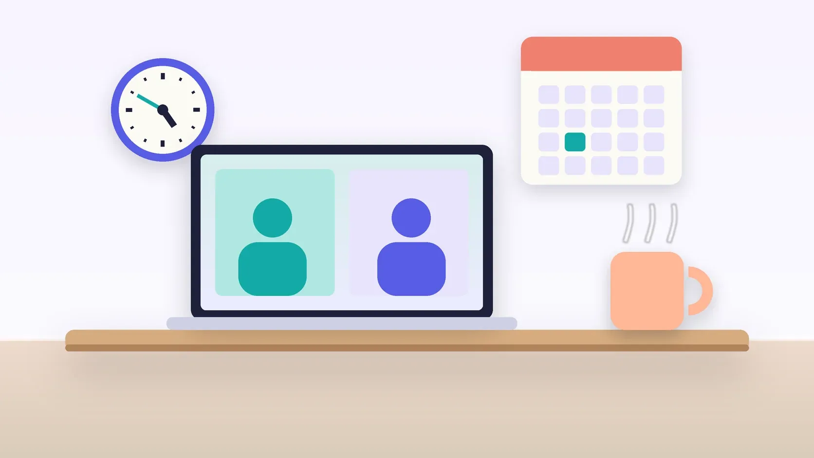 Illustration of an office desk with a laptop and a mug under a wall clock and calendar