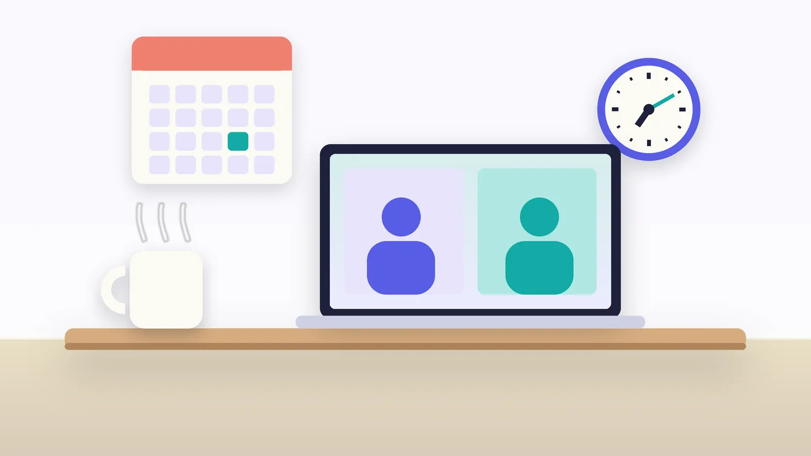 Illustration of an office desk with a laptop and a mug under a wall clock and calendar