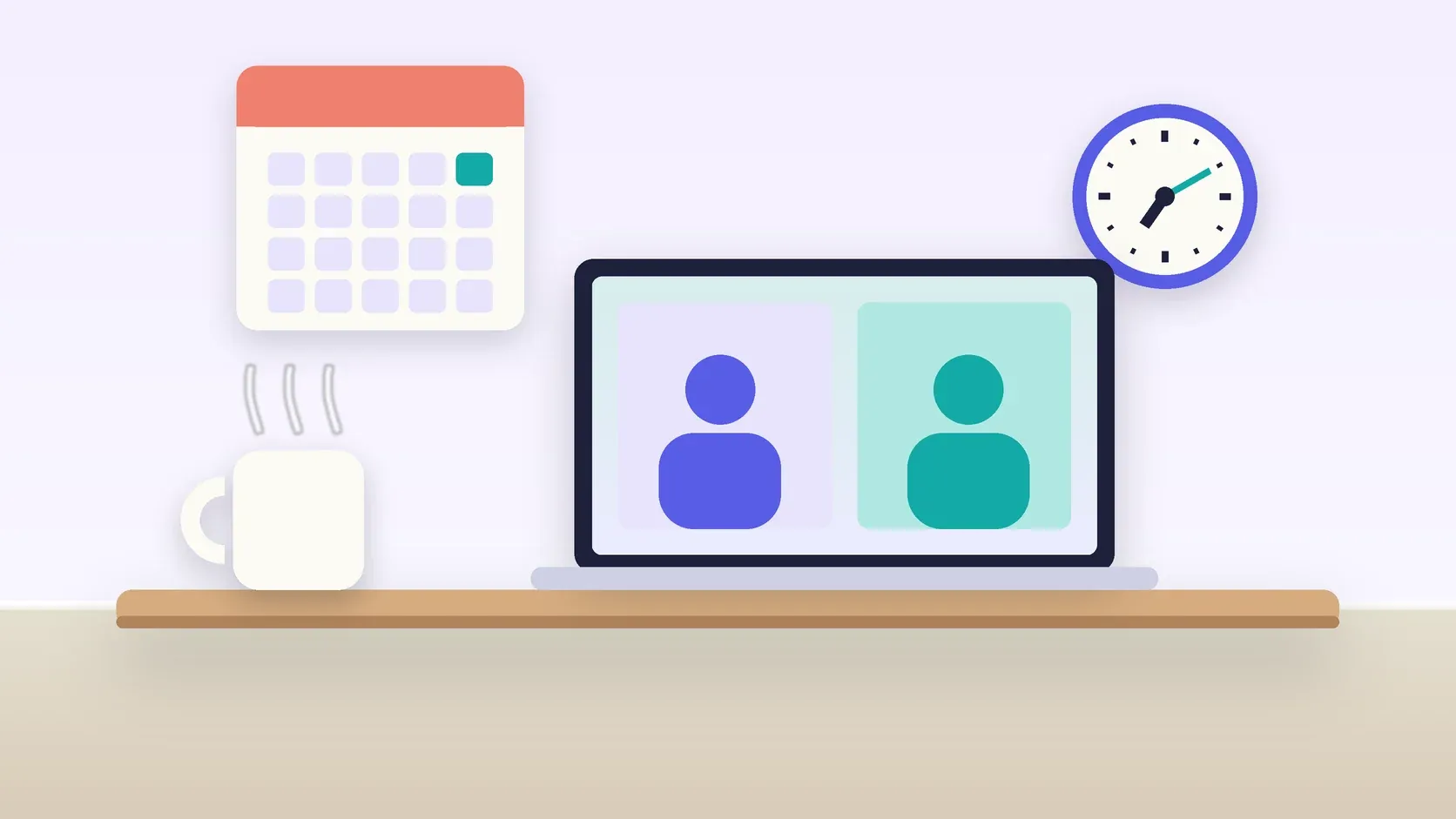 Illustration of an office desk with a laptop and a mug under a wall clock and calendar