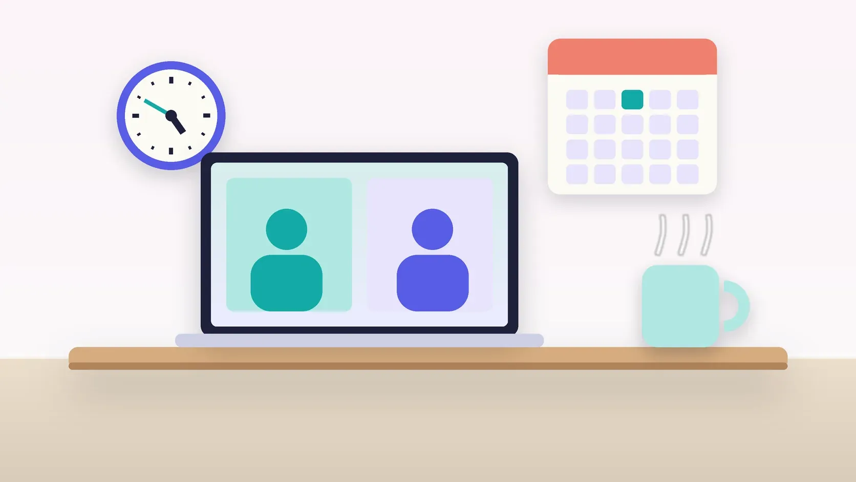 Illustration of an office desk with a laptop and a mug under a wall clock and calendar