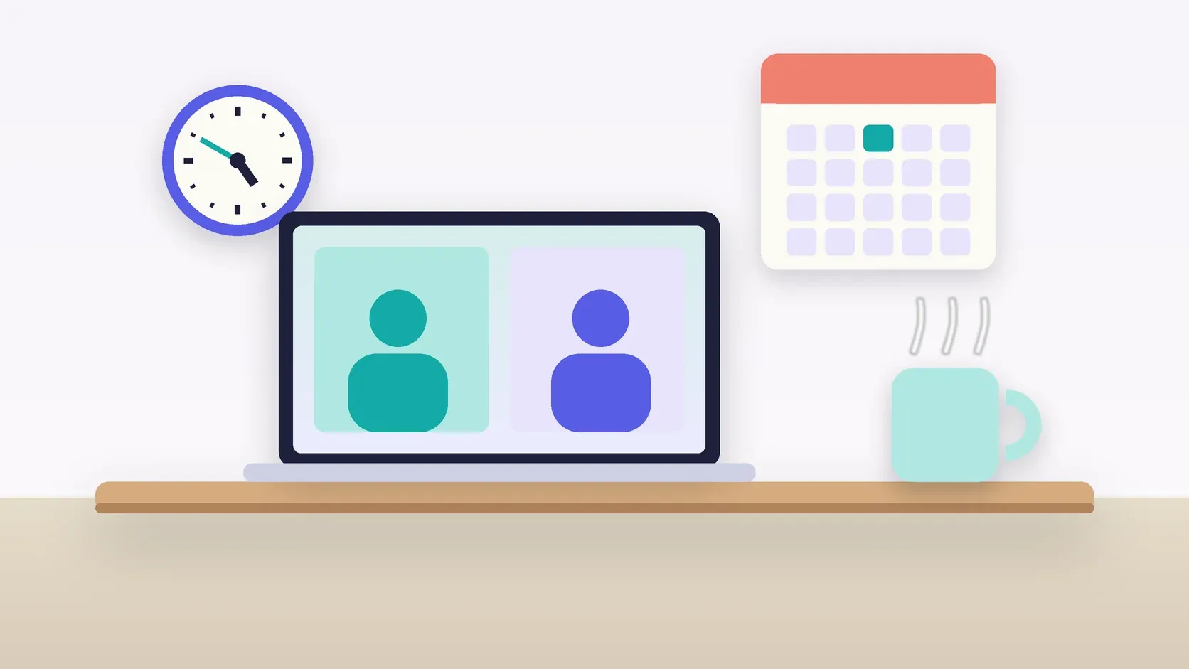Illustration of an office desk with a laptop and a mug under a wall clock and calendar
