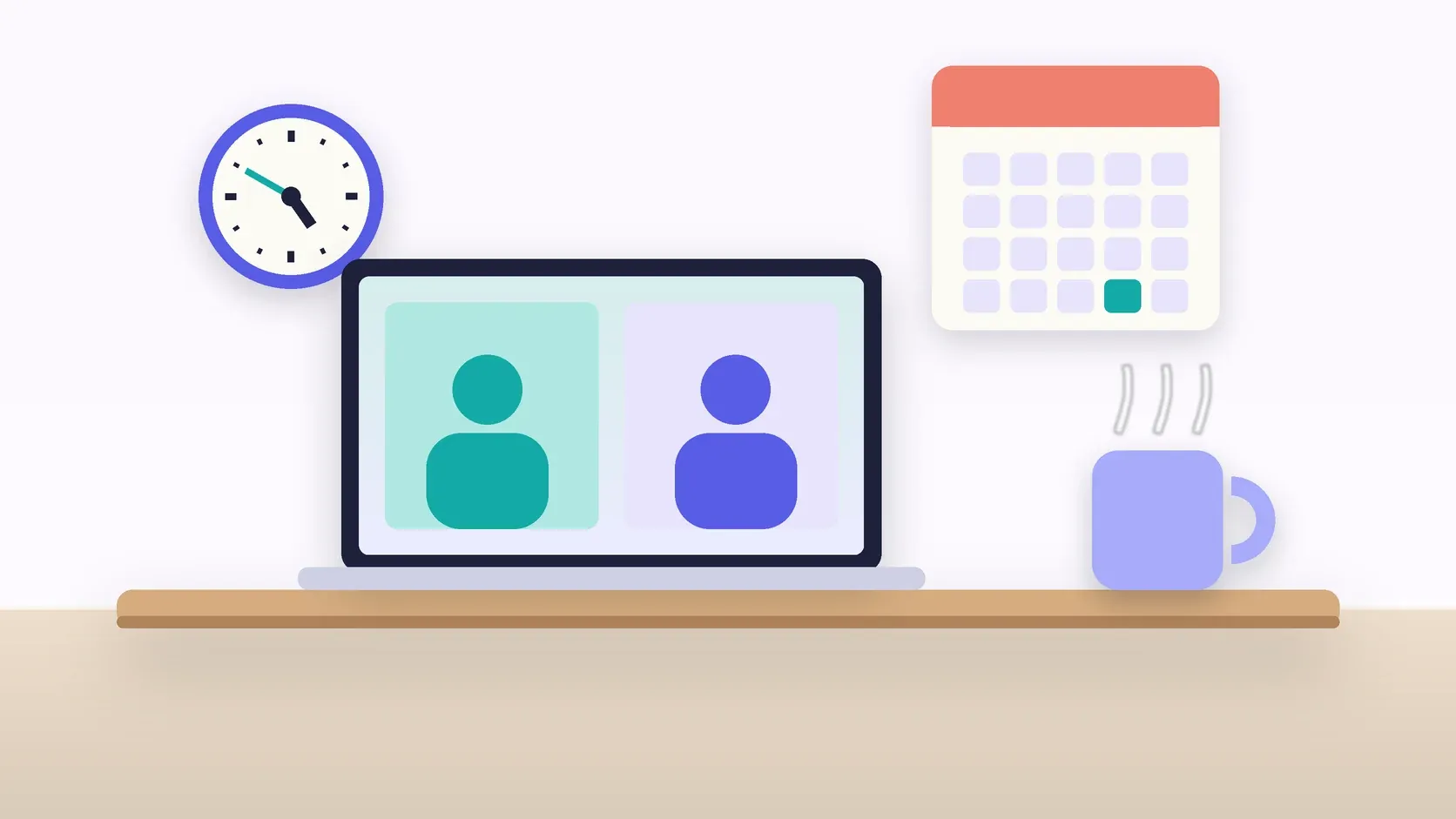 Illustration of an office desk with a laptop and a mug under a wall clock and calendar