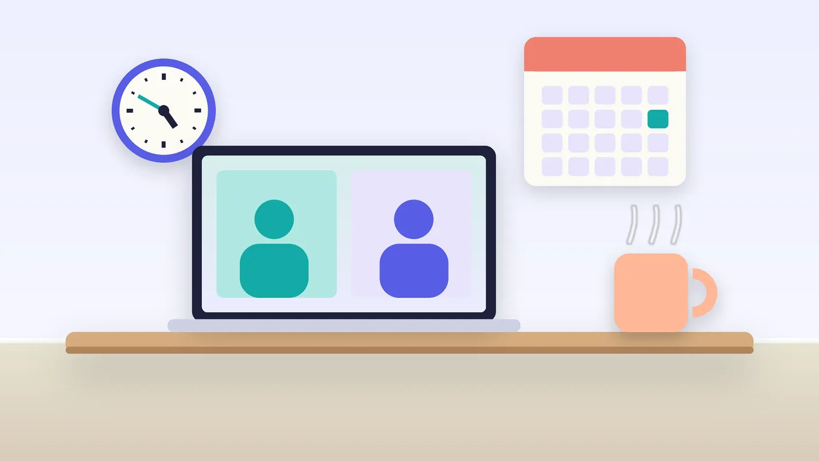 Illustration of an office desk with a laptop and a mug under a wall clock and calendar
