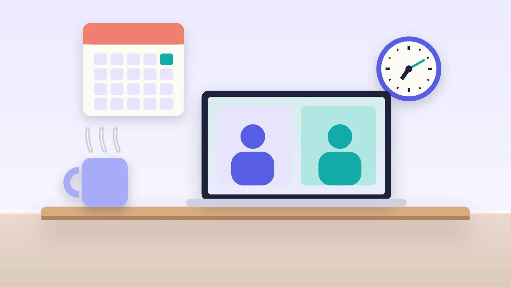 Illustration of an office desk with a laptop and a mug under a wall clock and calendar