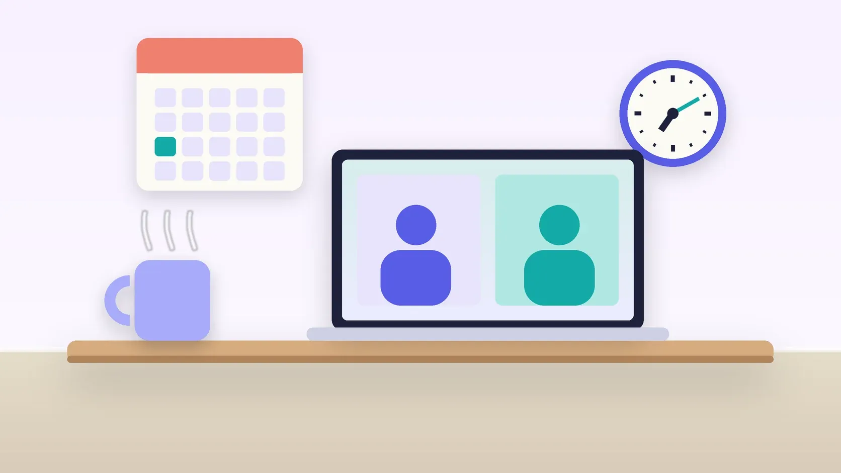 Illustration of an office desk with a laptop and a mug under a wall clock and calendar