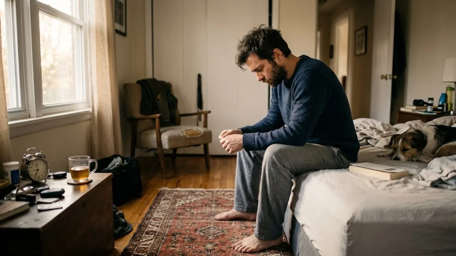 A man sitting at the edge of a bed in the morning