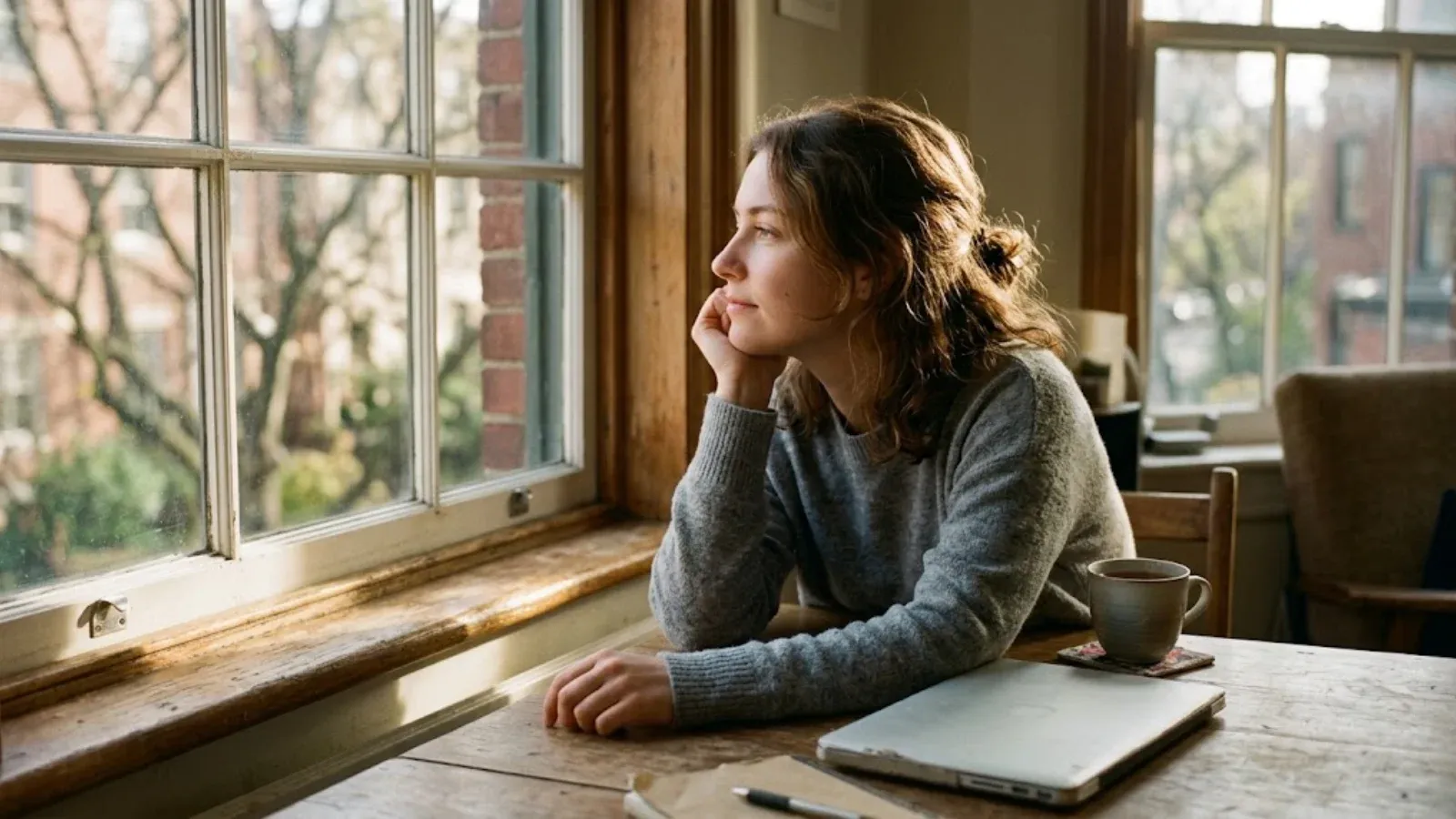 A young woman gazing out a sunny window, absorbed in thought, with a closed laptop beside her