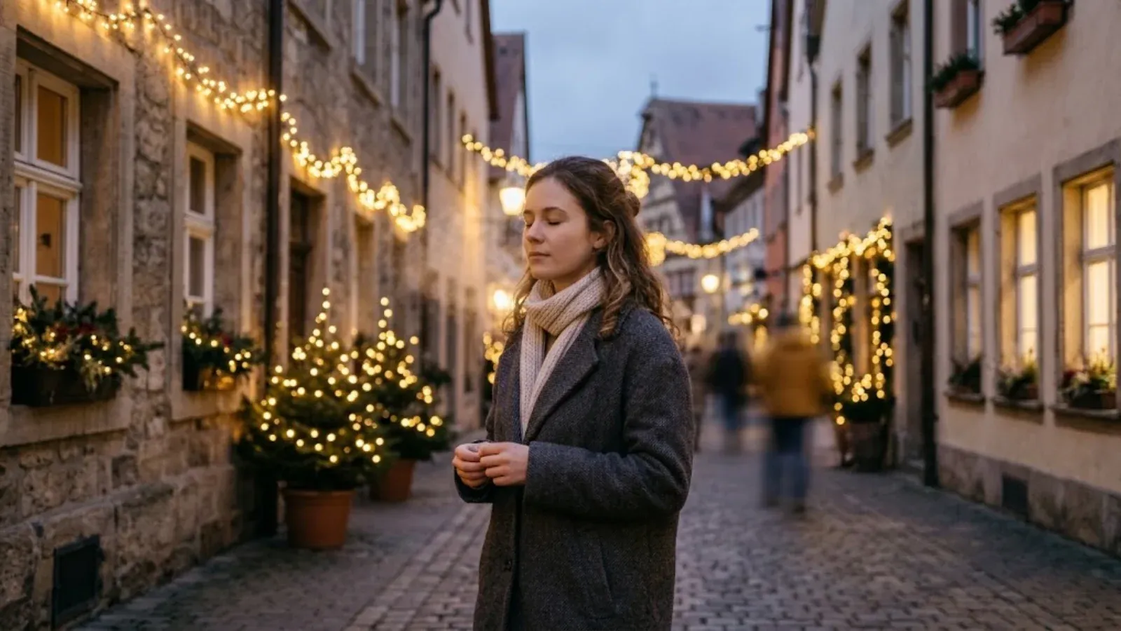 A woman taking a slow breath on a quiet street with holiday lights at dusk