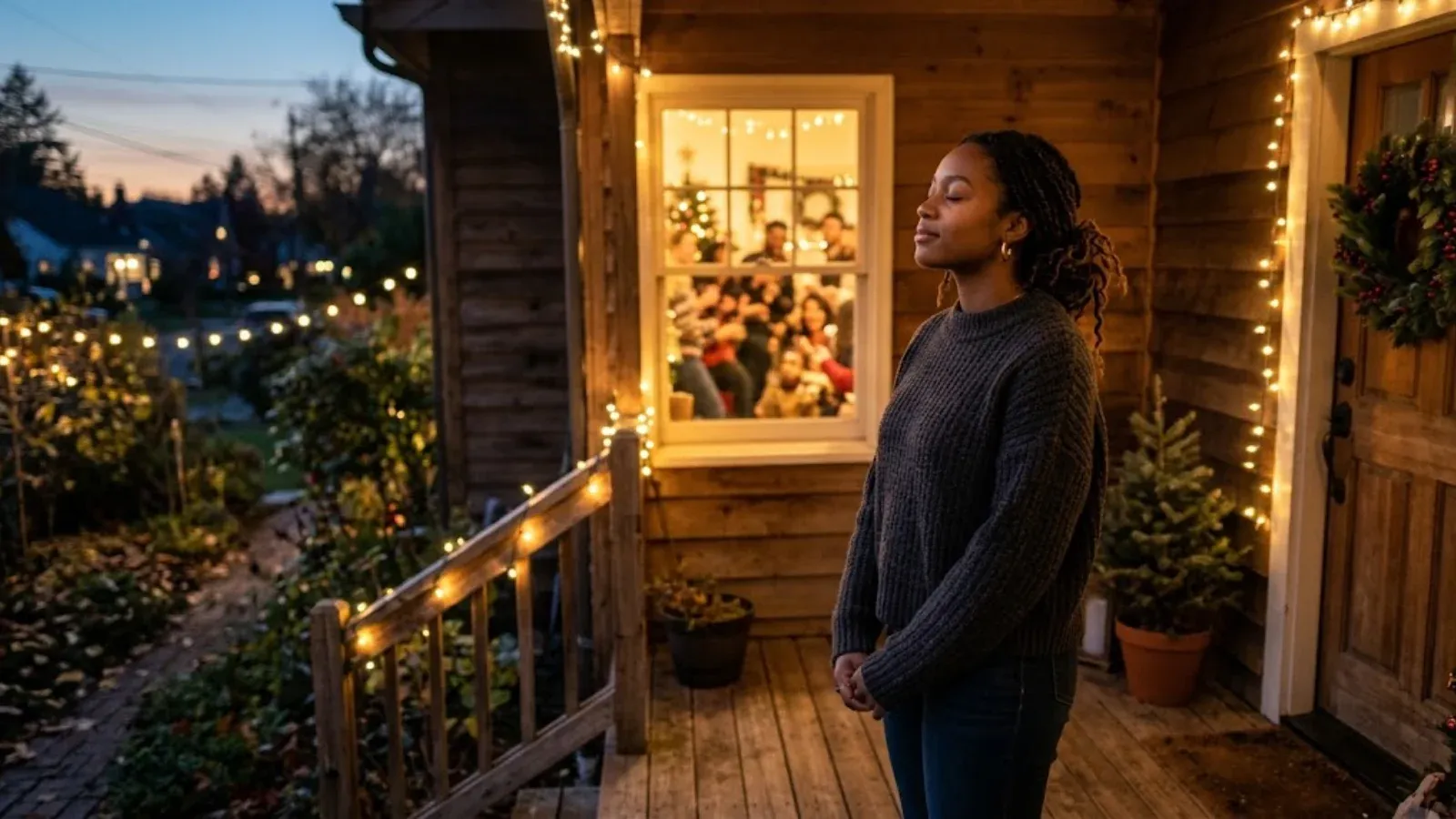 A woman taking a calming breath on a porch outside a holiday gathering
