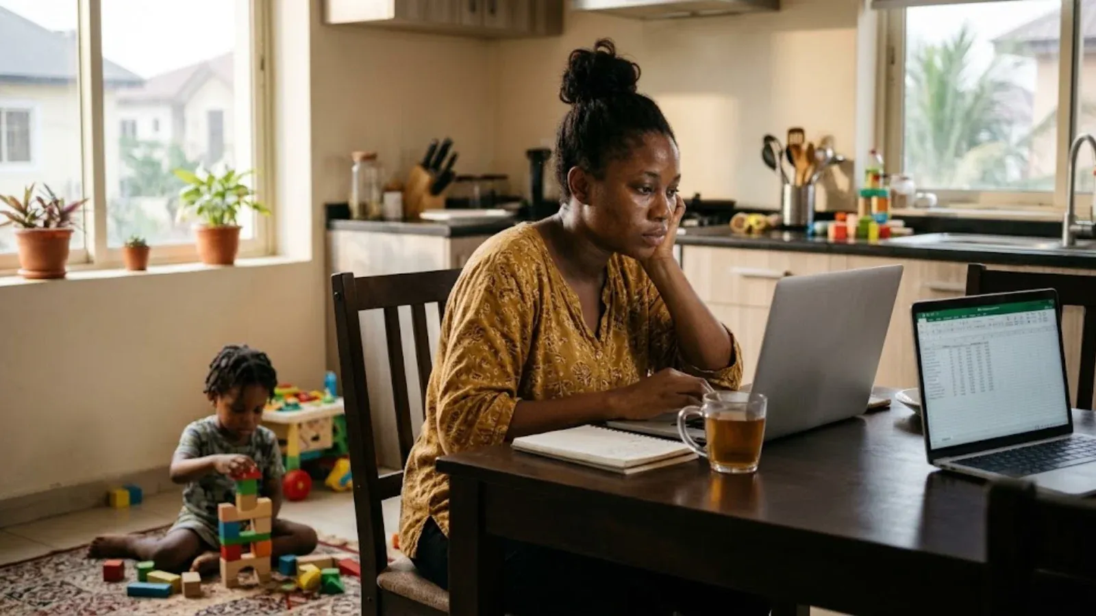 A parent working at a laptop while a child plays nearby