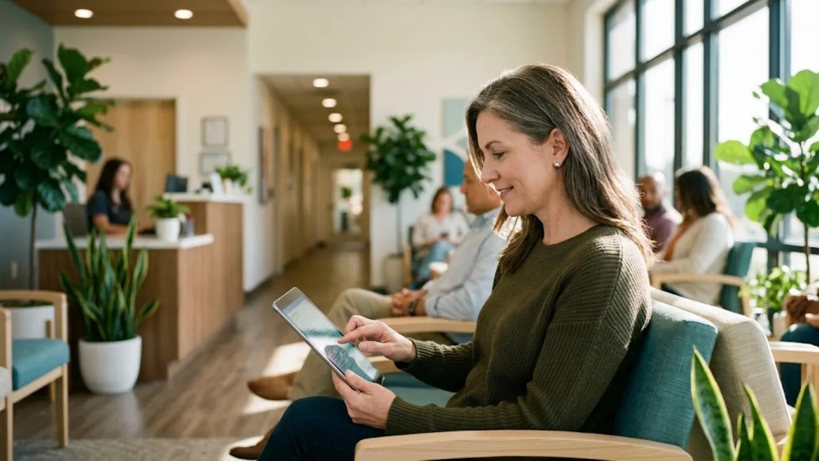 A woman answering a short check-in questionnaire on a tablet in a bright clinic waiting area