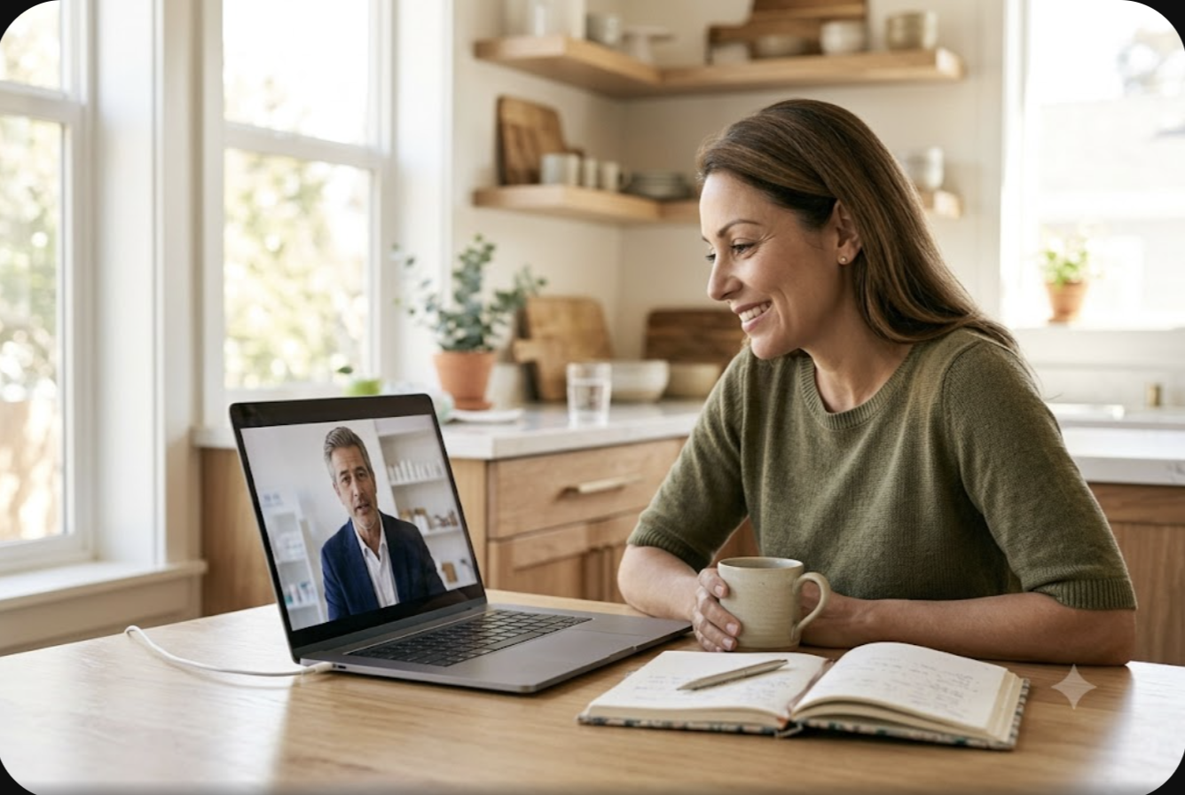 Woman at her kitchen table on a telehealth video call with her psychiatric provider, notebook and coffee ready for a real medication management visit