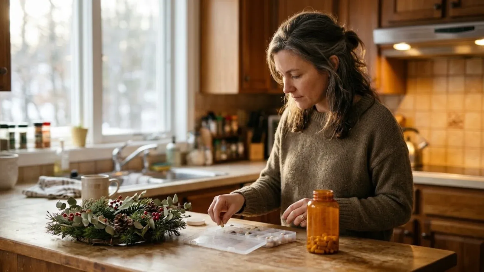 A woman setting out a weekly pill organizer