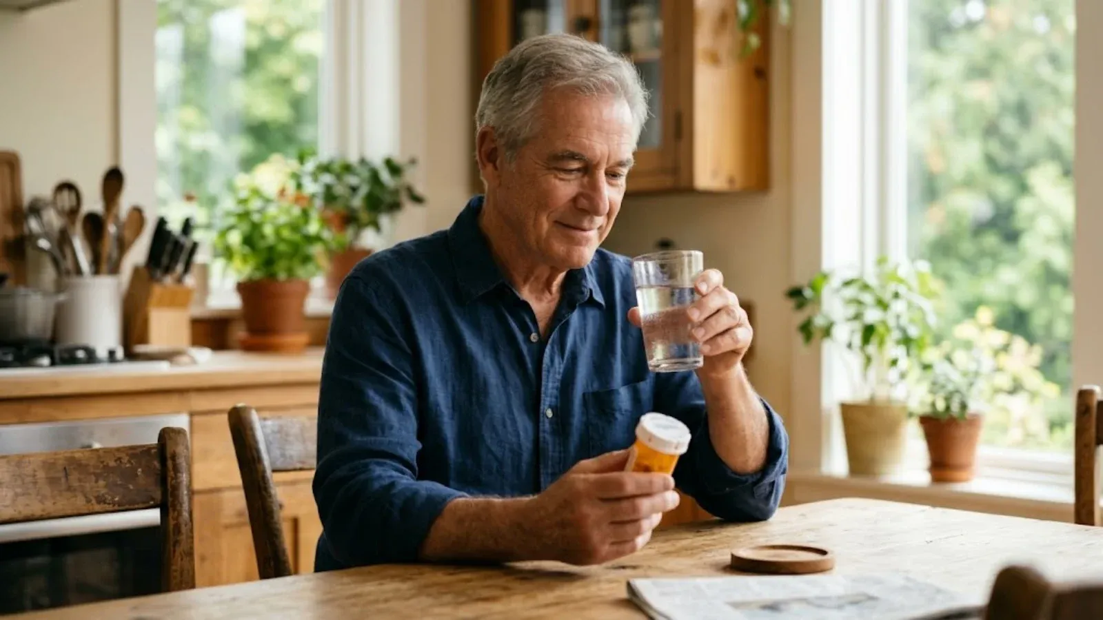 A man at a sunny kitchen table with a glass of water and a medication bottle