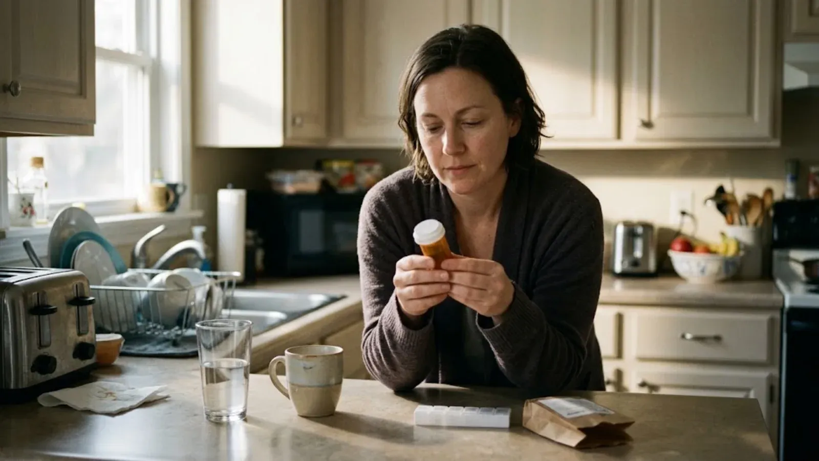 An adult at a kitchen counter in the morning reading the label on a prescription bottle beside a glass of water