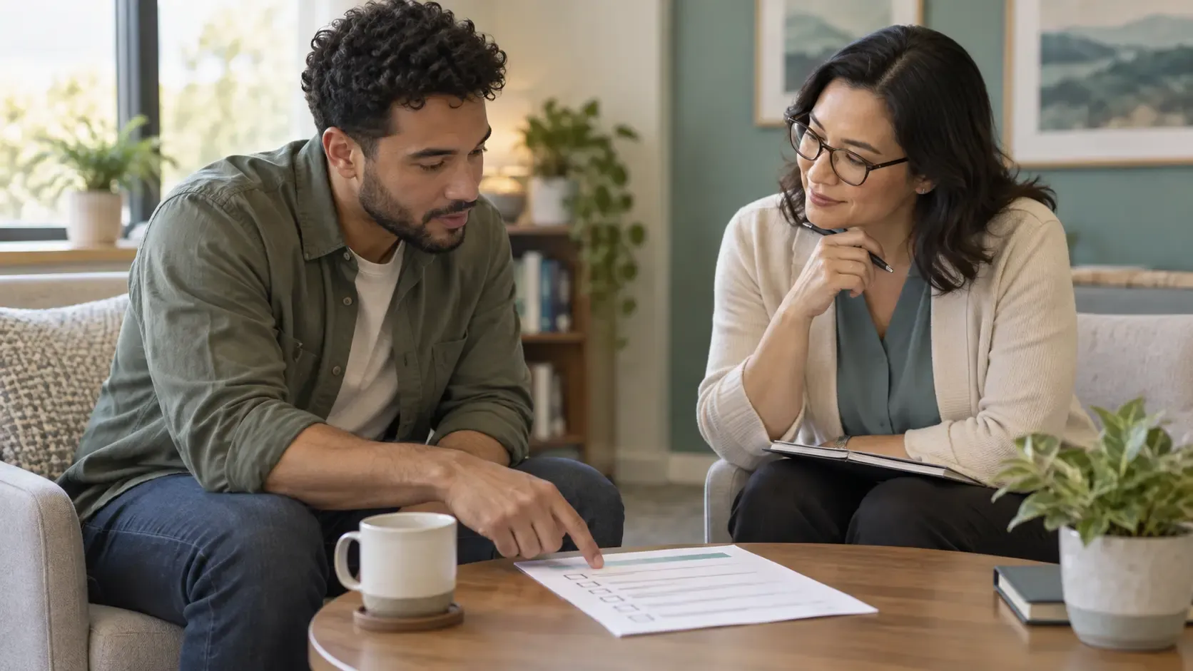 Patient and mental-health professional review a one-page care plan together in a calm office.