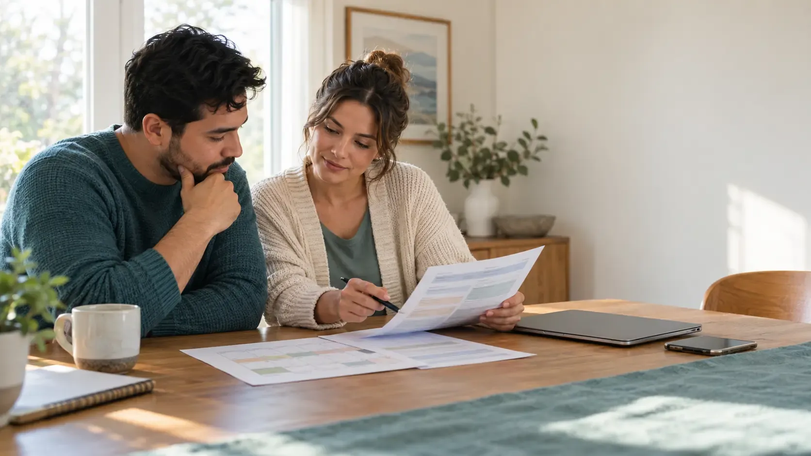 Two adults review a care-options worksheet and weekly calendar together at a sunlit table.