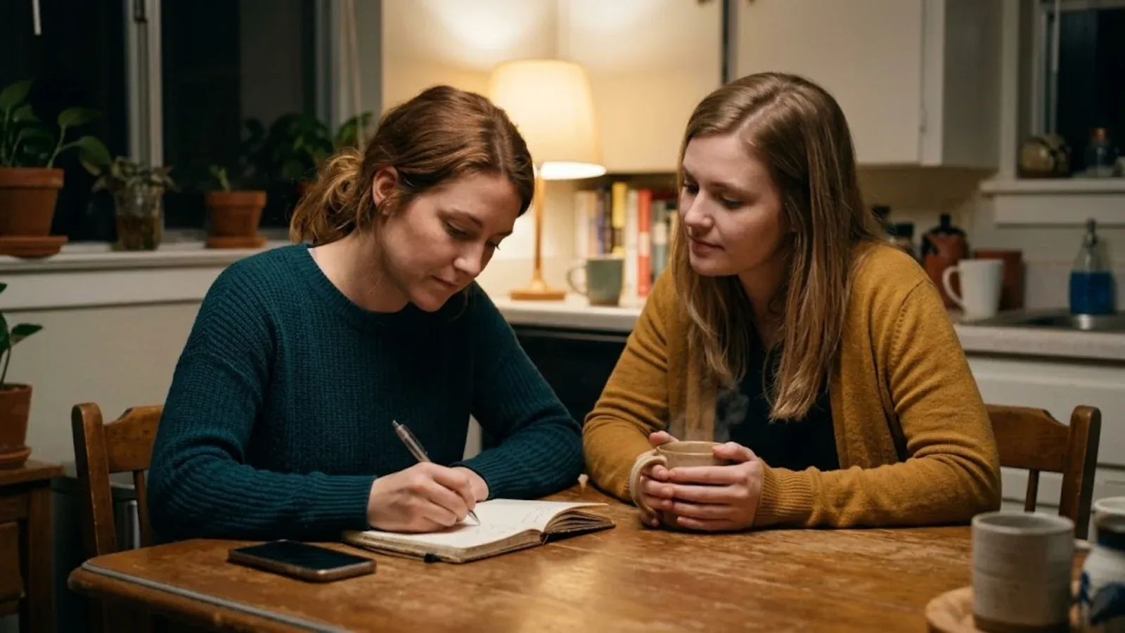 A woman writing a short plan in a notebook at a kitchen table while a supportive friend sits beside her