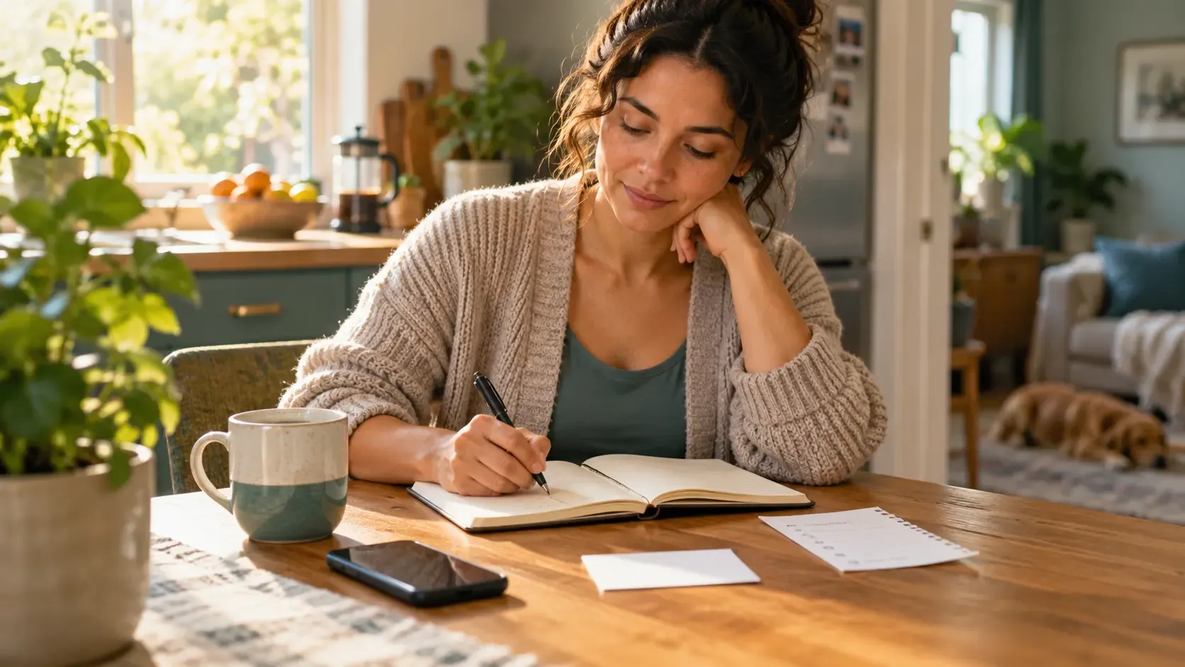 Woman writes a personal support plan beside a phone at a sunlit kitchen table.