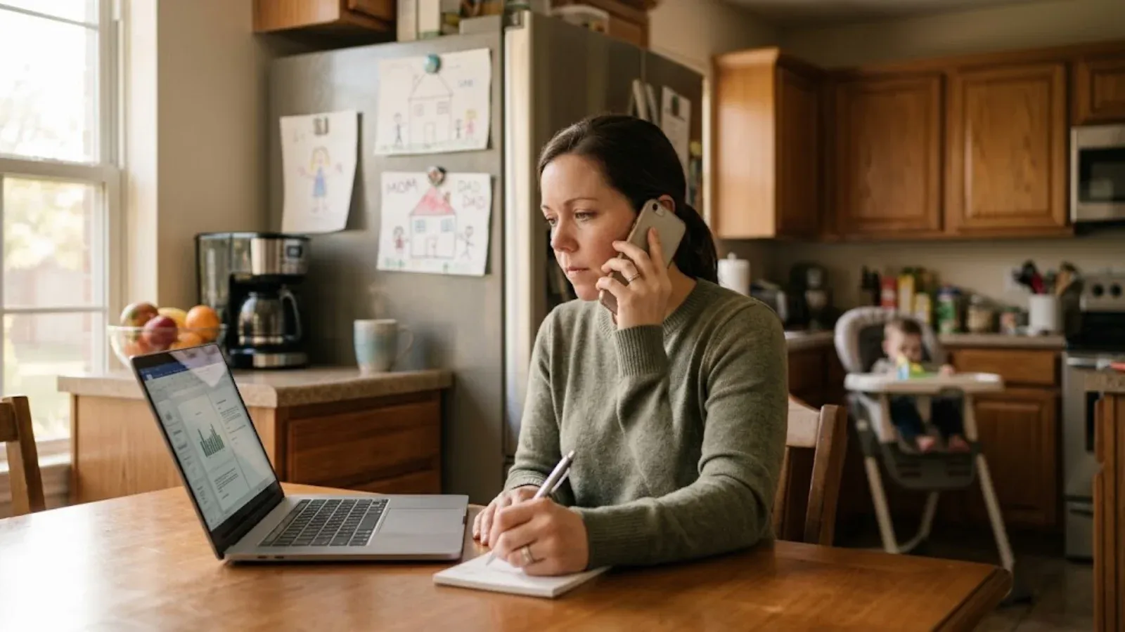 A military spouse taking notes during a phone call at her kitchen table
