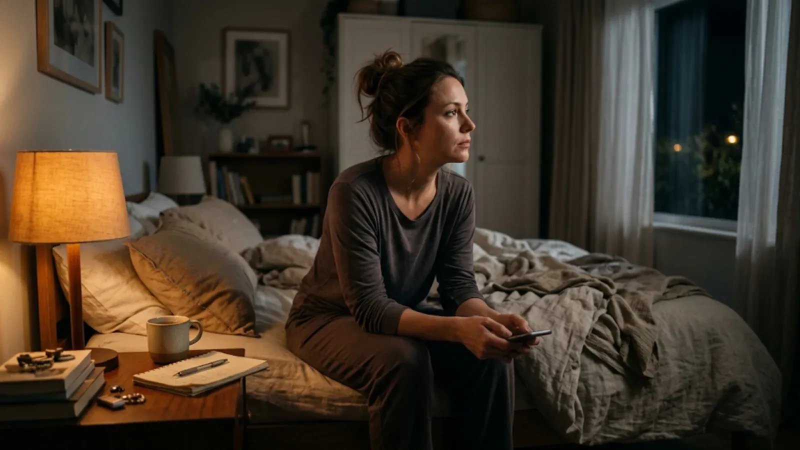 Woman sitting on the edge of her bed at night by lamplight, holding her phone and looking toward the window, unable to switch off her thoughts