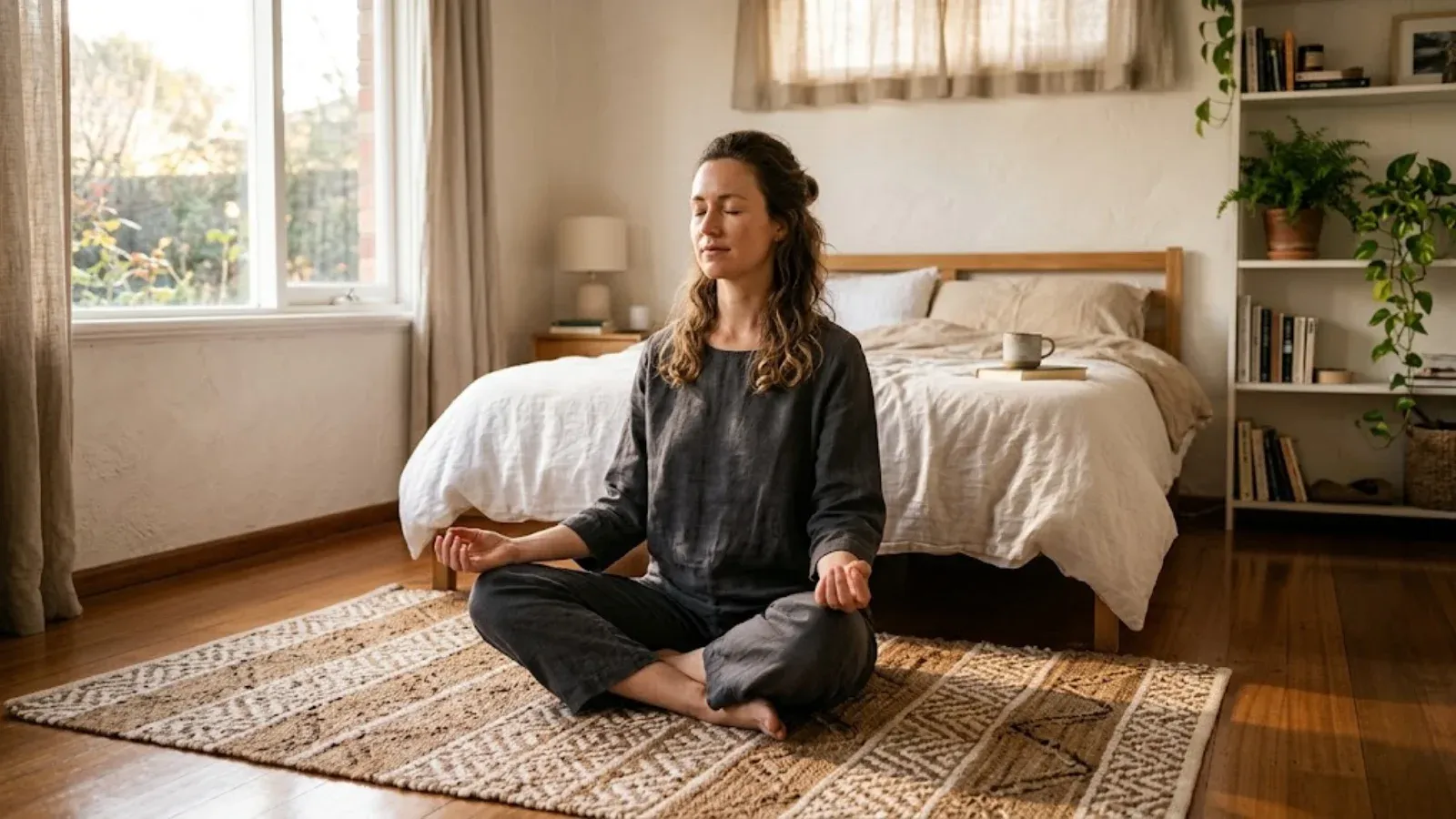 A woman meditating cross-legged in a sunlit bedroom in the morning