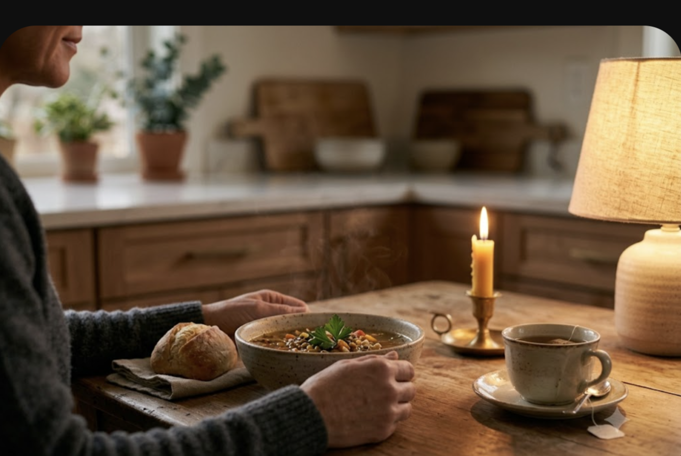 Warm evening table set for one with homemade soup, bread and tea by candlelight, appetite and sleep returning on mirtazapine