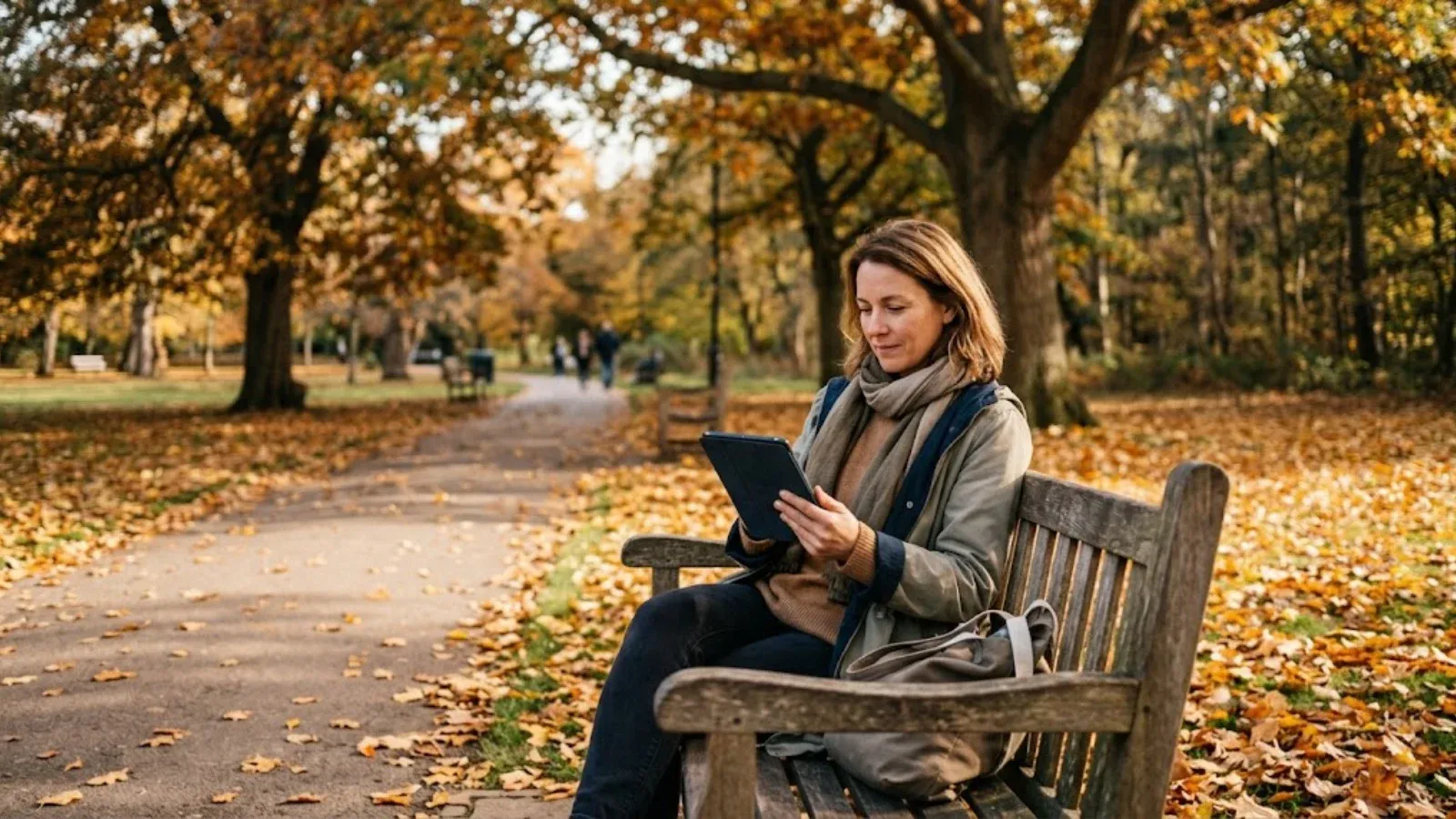 A woman reading on a tablet on a park bench surrounded by autumn leaves